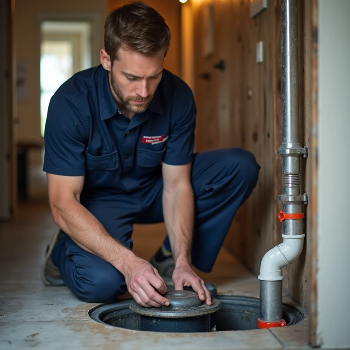 Sewage ejector pump serviced in a McHenry County basement bathroom