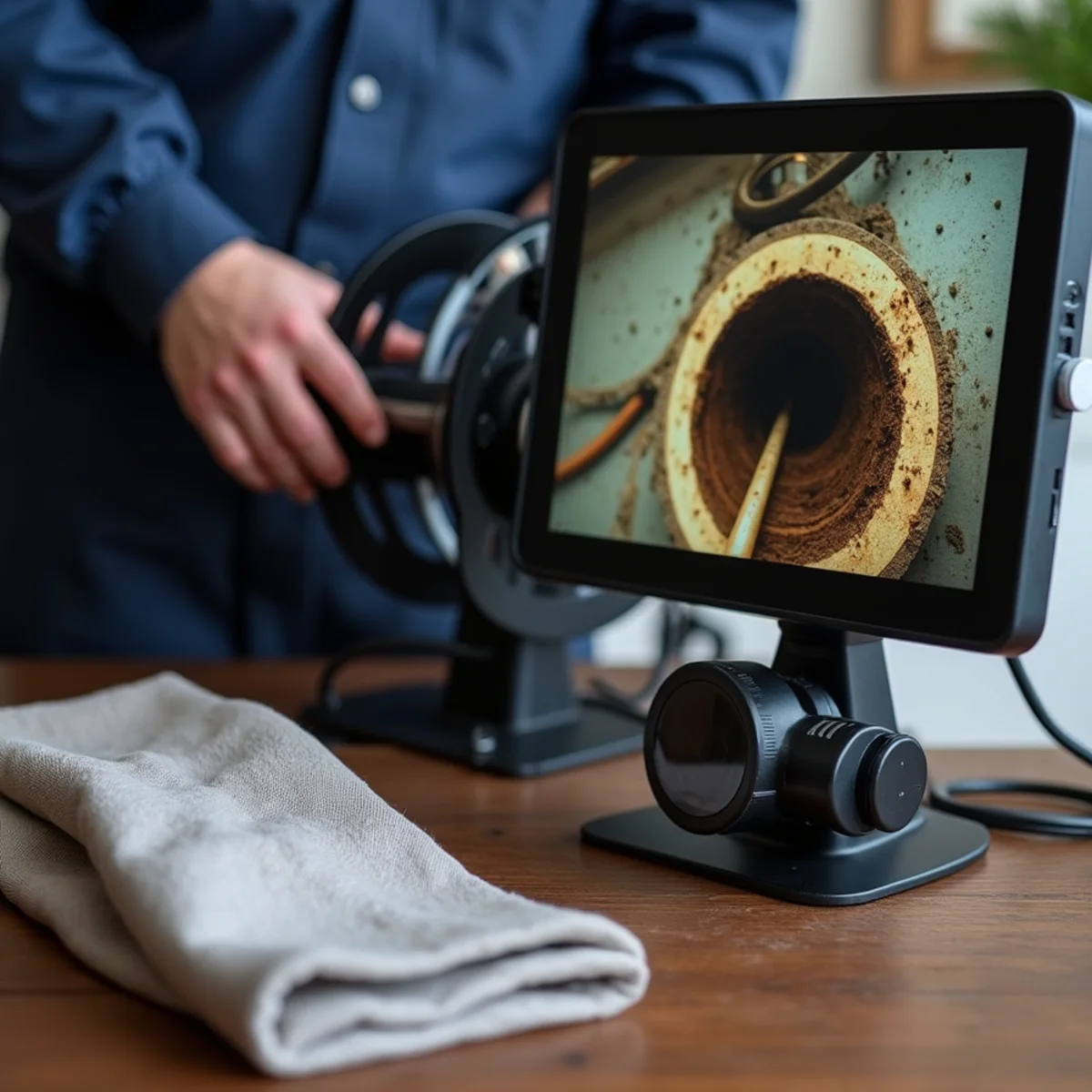 Plumber running a sewer camera inspection in a McHenry County home